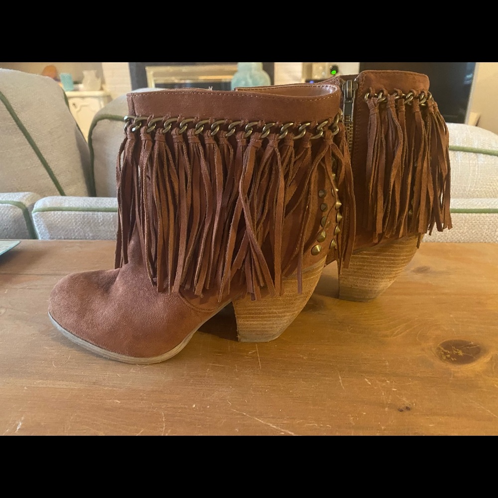 Tobacco Fringe Suede Booties 7.5